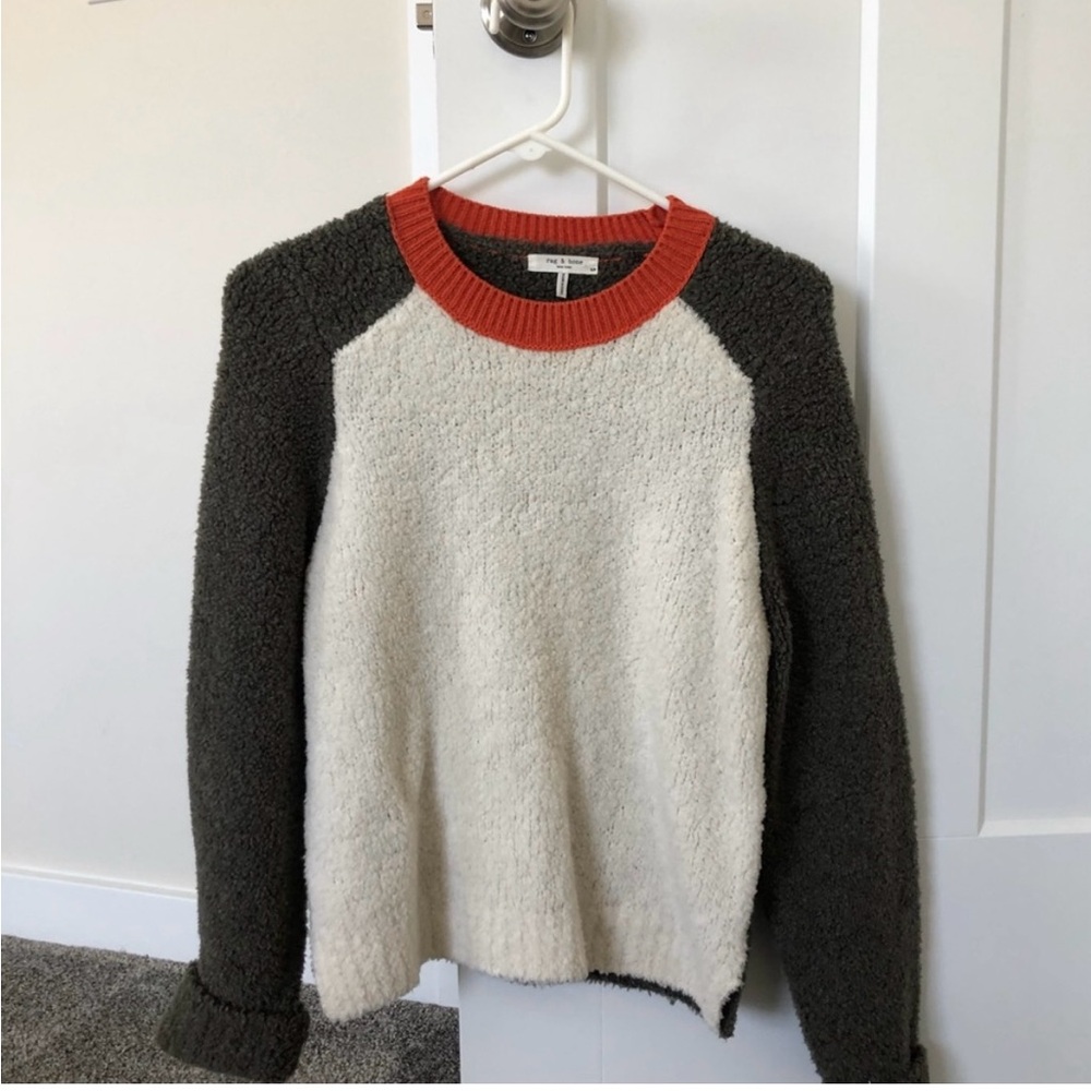 rag & bone Textured Cream Sweater with Bold Orange Neckline